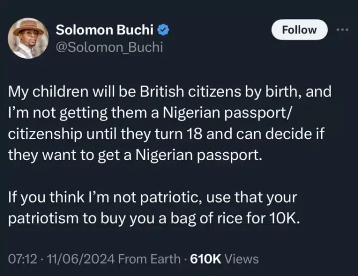 Solomon Buchi insists on not getting a Nigerian passport for his children