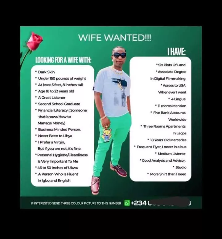 Speed Darlington lists the qualities he wants in a wife as he encourages women to apply for the position
