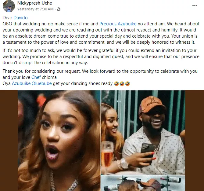 Lady writes emotional open letter to Davido, publicly pleads to attend his wedding