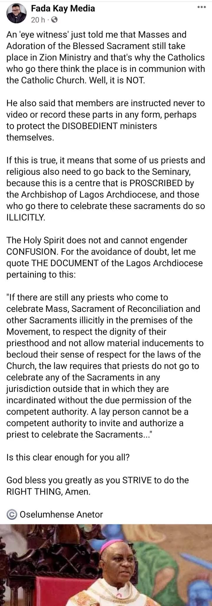 'This centre is proscribed by the Archbishop of Lagos Archdiocese