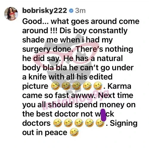 Bobrisky Mocks Jay Boogie as He Fights for His Life After Failed Surgery