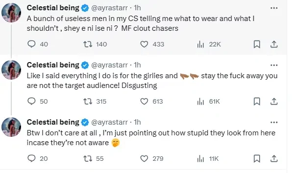 'You're not my target audience; it's for girlies' - Ayra Starr loses cool as she rips men to shreds for ridiculing her skimpy dress