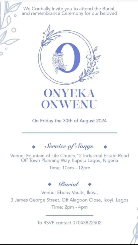 Onyeka Onwenu to be buried today