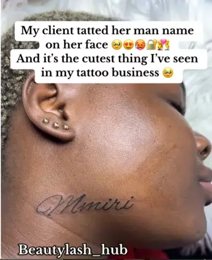 Lady stirs jealousy as she tattoos boyfriend's name on her neck