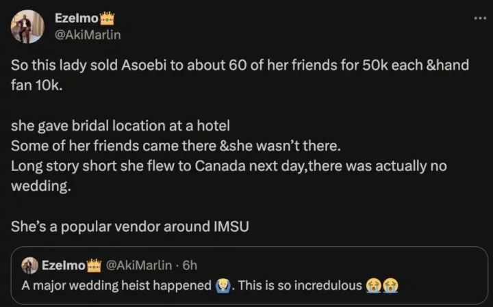 Nigerian lady plans fake marriage, travels abroad with Asoebi money from friends