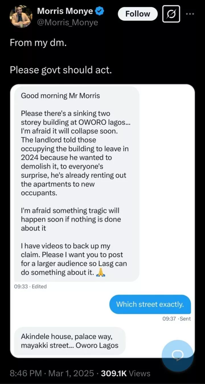 Man raises alarm as landlord rents collapsing building in oworo Lagos to new tenants