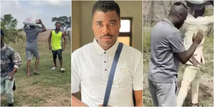 'See as super Star carry cement for head' - Netizens react as Ibrahim Chatta is seen carrying bags of cement on his head at his film village