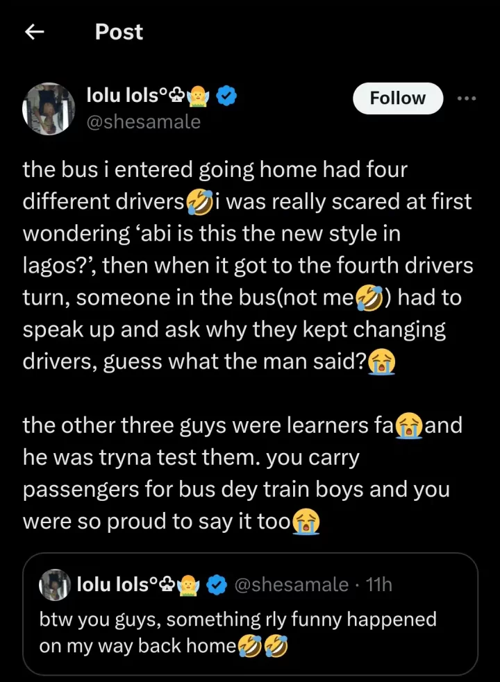 Lady reveals Lagos bus ride horror as owner uses passengers to train 3 drivers