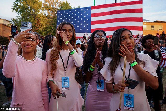 upporters react while another takes a selfie as Democratic presidential nominee U.S. Vice President Kamala Harris delivers remarks, conceding the 2024 U.S. Presidential Election