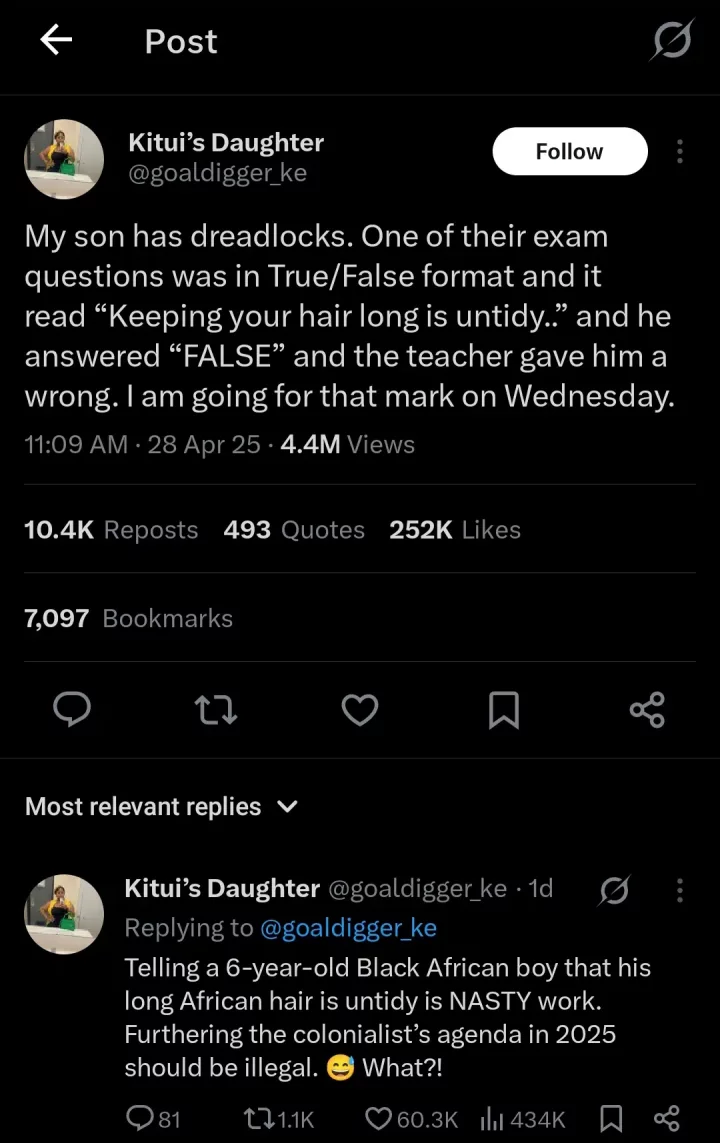 Mother challenges teacher over son's dreadlocks labeled 'untidy' in school exam