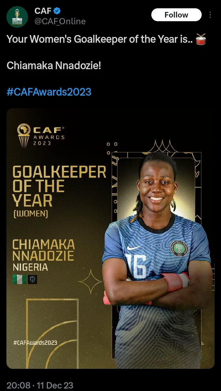 Reactions As Nigerian Goalkeeper, Chiamaka Nnadozie, Wins 2023 CAF Goalkeeper Of The Year