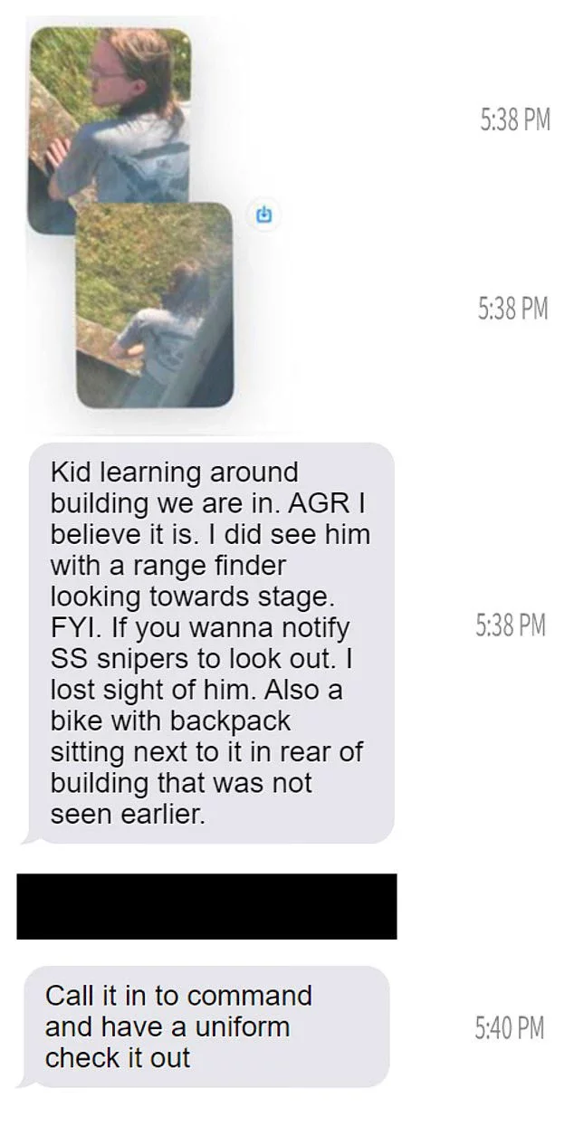 Another screenshot is timed at around 5:38pm, after Crooks left the picnic table and was beneath the countersnipers, who had perched themselves in a warehouse. One of the two remaining snipers photographed Crooks multiple times and texted the pictures to the group chat