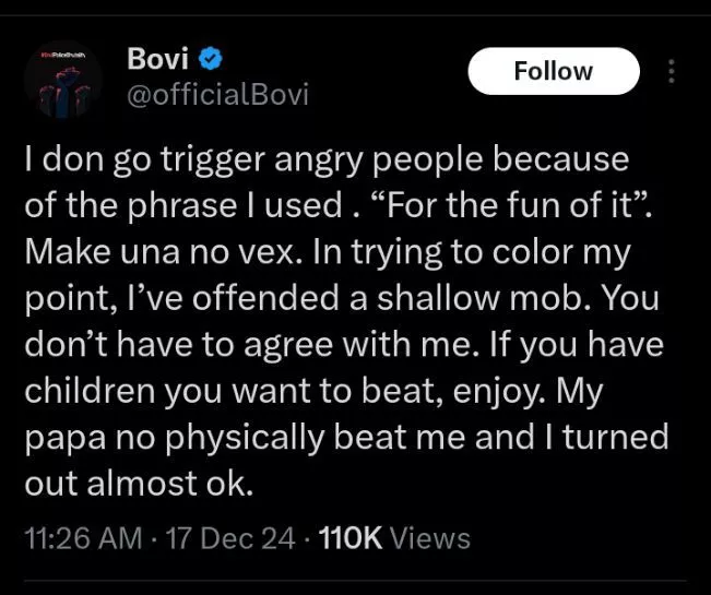 Bovi makes U-Turn, apologizes for comments on parenting