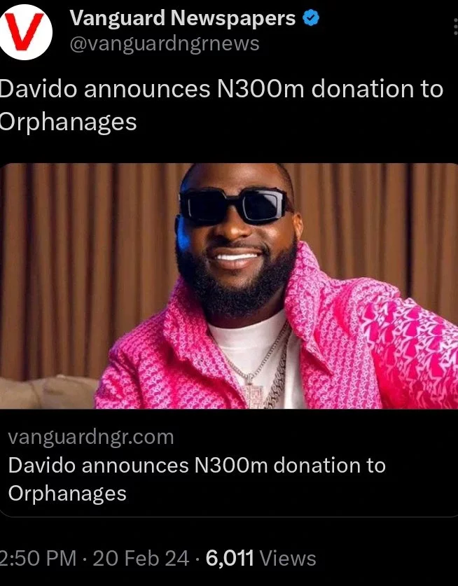 Today's Headlines:Davido Announces N300m Donation To Orphanages, Hardship: Perform Your Lagos Miracles, Buhari's Minister Taunts Tinubu