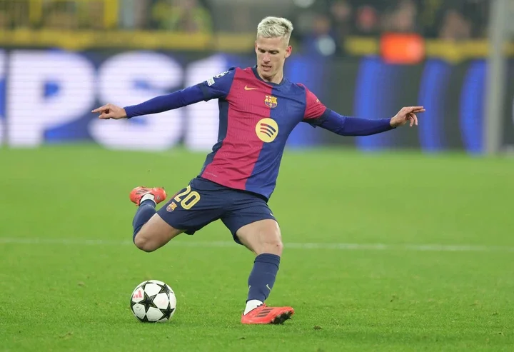 Dani Olmo of Barcelona plays the ball during the UEFA Champions League 2024/25 League Phase MD6 match between Borussia Dortmund and FC Barcelona at...