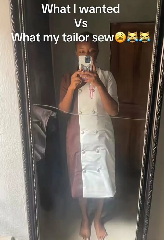 Lady laments as she shows off what she wanted vs what her tailor made