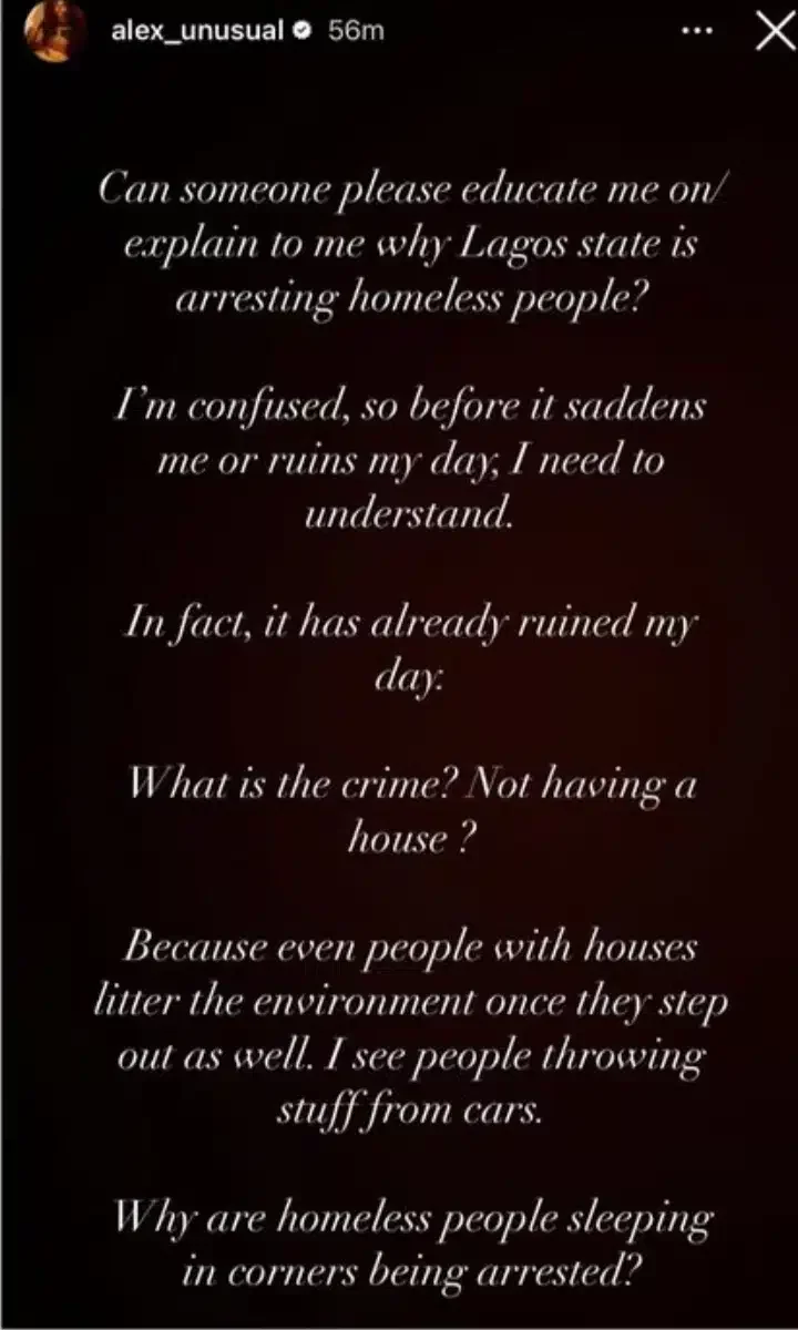 Alex Unusual queries Lagos state government over arrest of homeless people