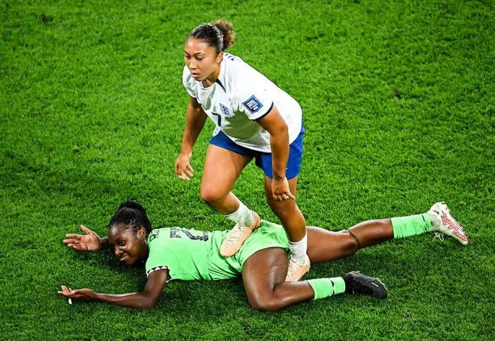 Lauren James was given a red card for stepping on Super Falcons defender Michelle Alozie
