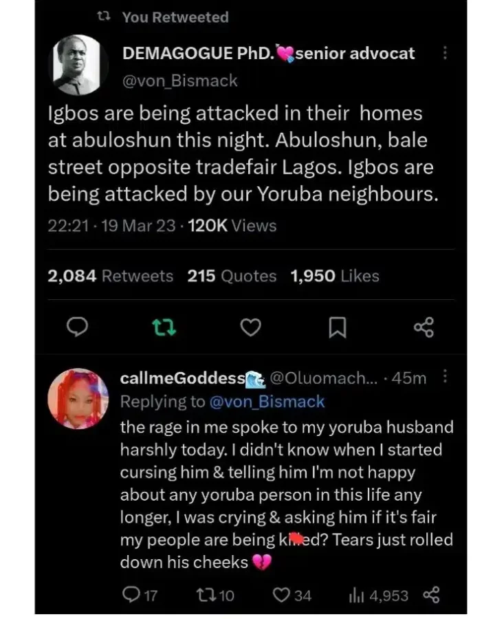 Igbo lady opens up on how attack on her people is affecting marriage with her Yoruba husband