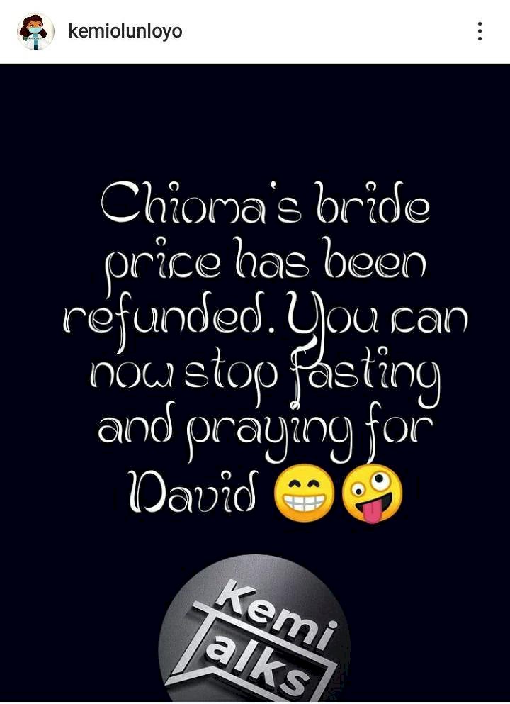 “Chioma’s bride price has been refunded” – Kemi Olunloyo says as regards custody of Davido’s son