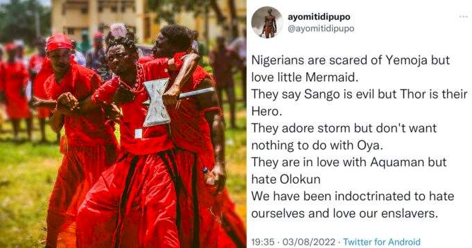 Twitter user sparks reactions after saying Nigerians are scared of local gods but like their foreign counterpart