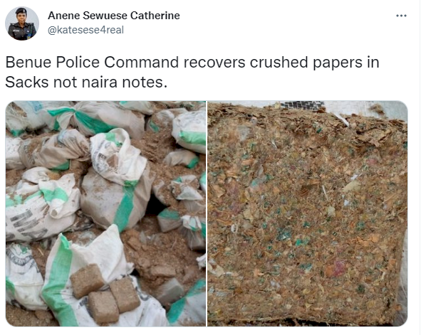 Crushed papers and not cash were recovered from discovered sacks - Benue police spokesperson clarifies
