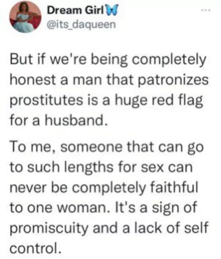 Lady gives her stance on men who patronize hook-up babes