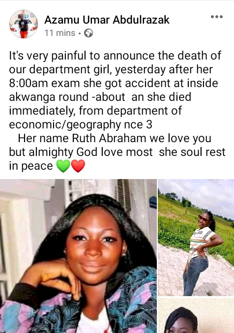 Final year student dies in motorcycle accident shortly after her exam in Nasarawa 