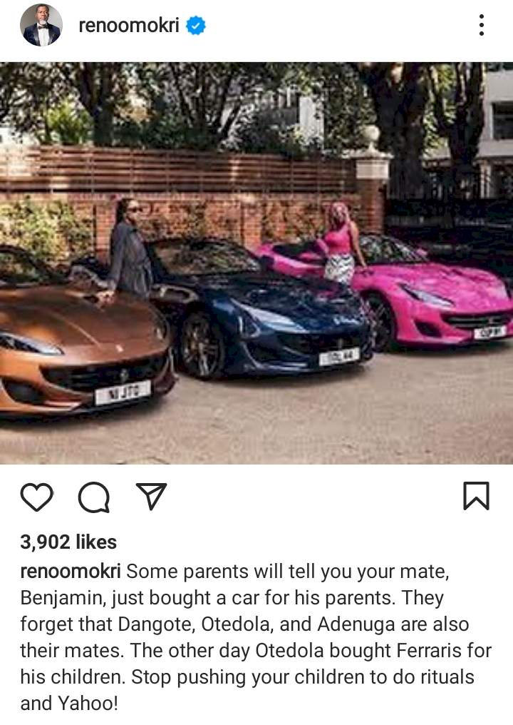 'Stop pushing your children to do rituals and yahoo' - Reno Omokri chides parents who constantly compare their children