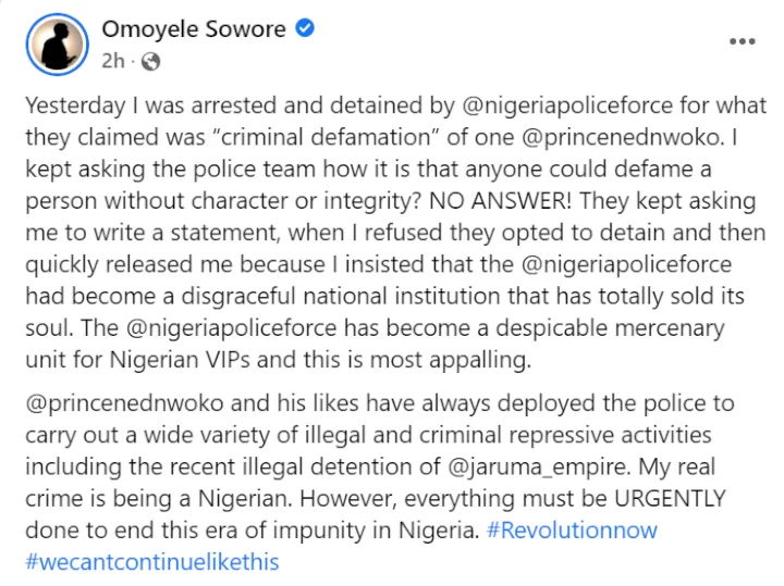 Omoyele Sowore reveals the police said he was arrested for defaming Regina Daniel