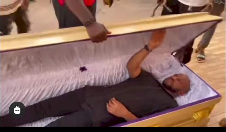 'I'm shooting a romance film' - Yul Edochie defends self as he lies inside a coffin shortly after FG banned money ritual movies (Video)