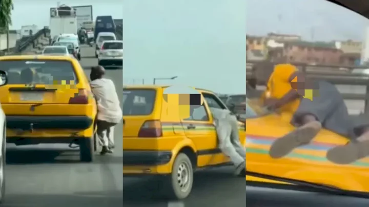 "Lagos is not for the weak" - Reactions as two men cling to moving car in order to settle score with the driver (Video)