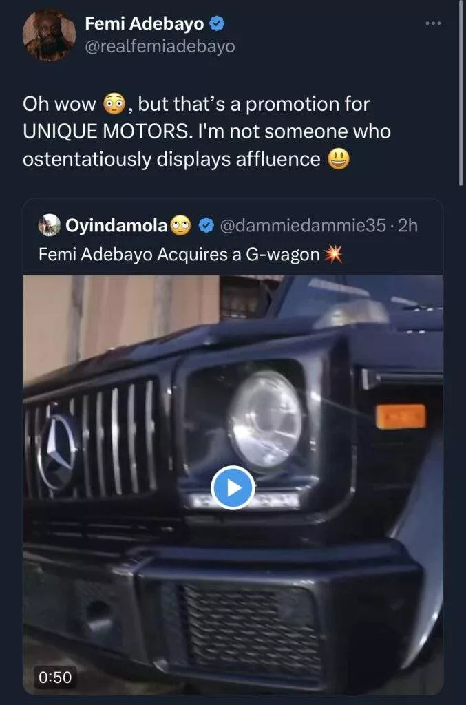 Femi Adebayo responds to well-wishers, debunks news of buying new G-wagon