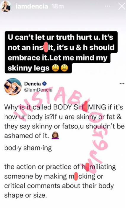 'Being fat or skinny is not body shaming, if that's the way your body is' - Singer, Dencia