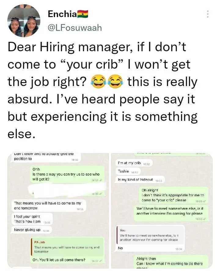 'This is really absurd' - Lady exposes chat with job hiring manager who asked her to come over to his crib