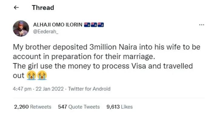 Man deposits N3m into fiancee's account for marriage plans; she uses it to travel out