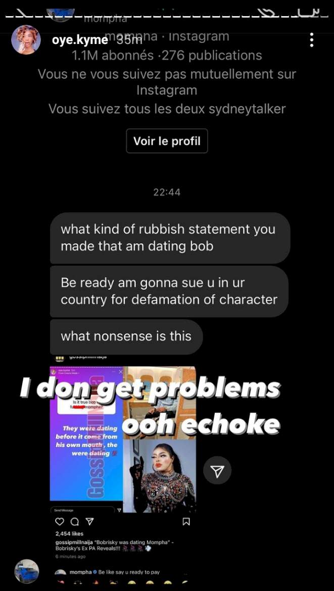 Bobrisky's former PA, Oye Kyme shares the message Mompha sent to her after she claimed he's sleeping with Bobrisky