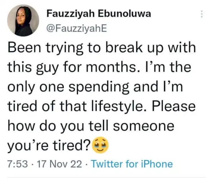 Lady causes stir after seeking advise to breakup with stingy boyfriend