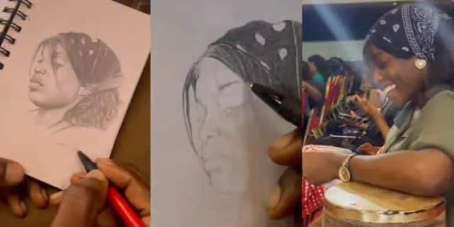 "She fell in love 3 times" - Lady beam with smile as man hands over beautiful sketched portrait (Video)