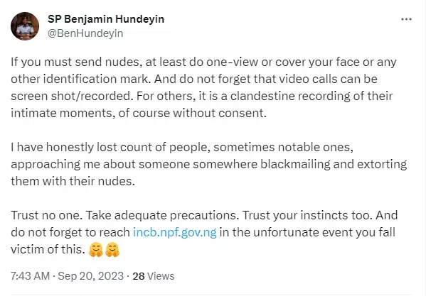 'If you must send nudes to your lover, do one-time-view or cover your face' - Lagos police PRO advises Nigerians