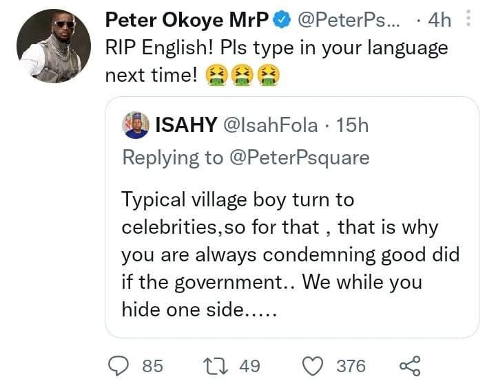 'Typical village boy turned celebrity' - Troll heavily blasts Peter Okoye, he responds