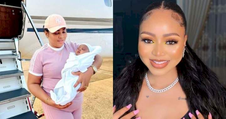 "Person wey never open eye don enter private jet" - Reactions as Regina Daniels, newborn, mom, touch down Nigeria from Jordan following childbirth
