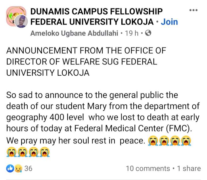 Two Federal University Lokoja students bearing same name and in same department die hours apart