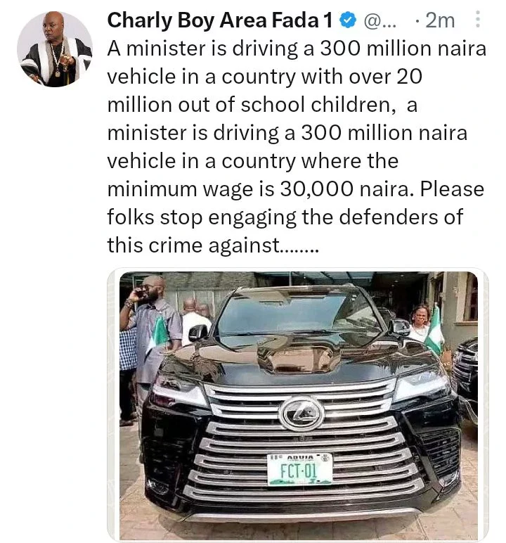 Charlie Boy Reacts to Report of Wike Allegedly Driving a Car Worth N300 Million