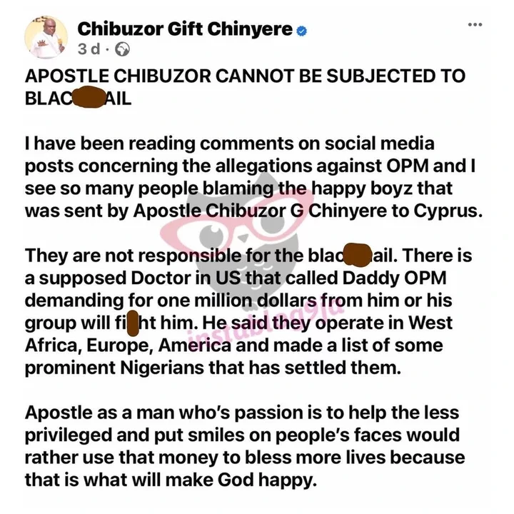 'I cannot be subjected to blackmail' - Apostle Chibuzor Chinyere reacts to the allegations by his alleged babymama