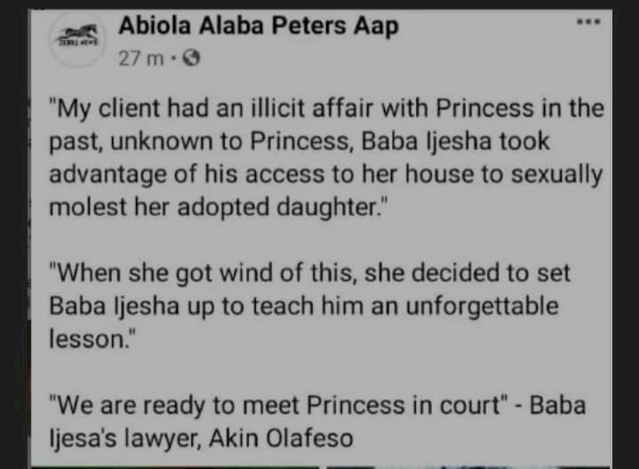 'My client had an illicit affair with princess, we are ready to meet her in court' - Baba Ijesha's lawyer