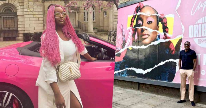 "Nothing better than a proud dad" - Reactions as Femi Otedola pose beside DJ Cuppy's billboard