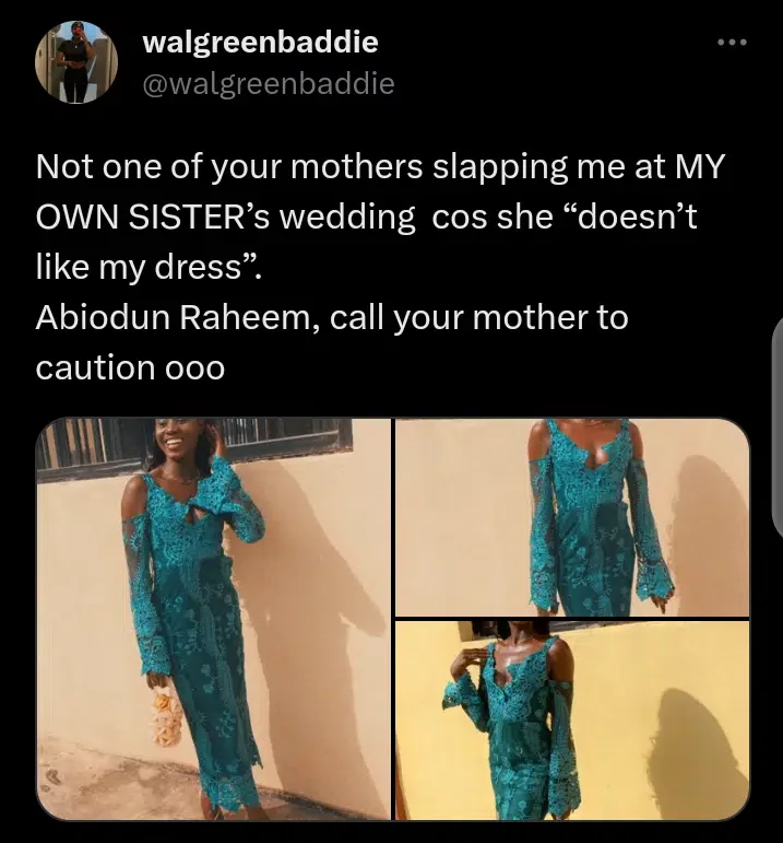 'She doesn't like my dress' - Nigerian lady recalls how she was slapped by someone's mother at a wedding over her choice of outfit