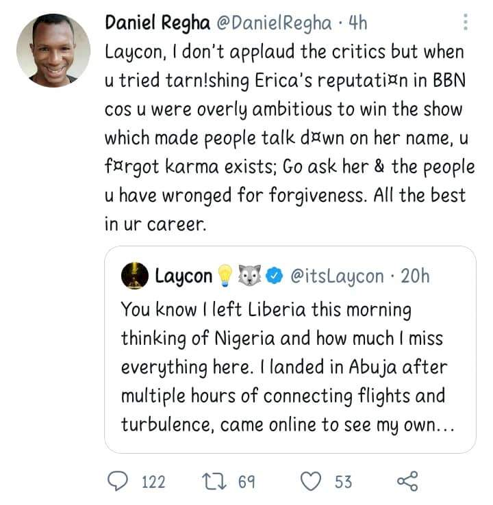 'Plead to Erica for forgiveness, else, karma is here for you' - Laycon receives warning