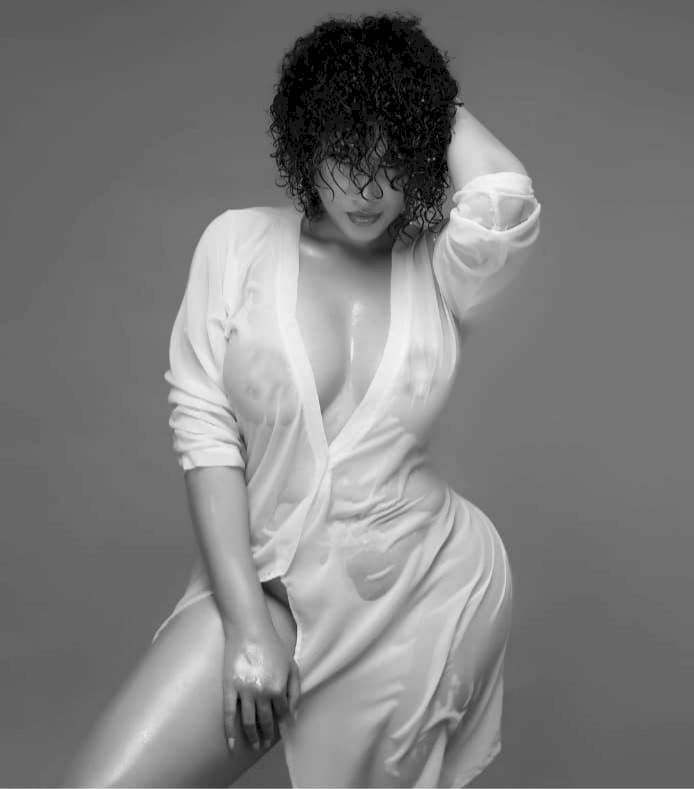 Actress, Caroline Danjuma drops 'Hurricane' as she puts her boobs on display in sheer shirtdress (Photos)